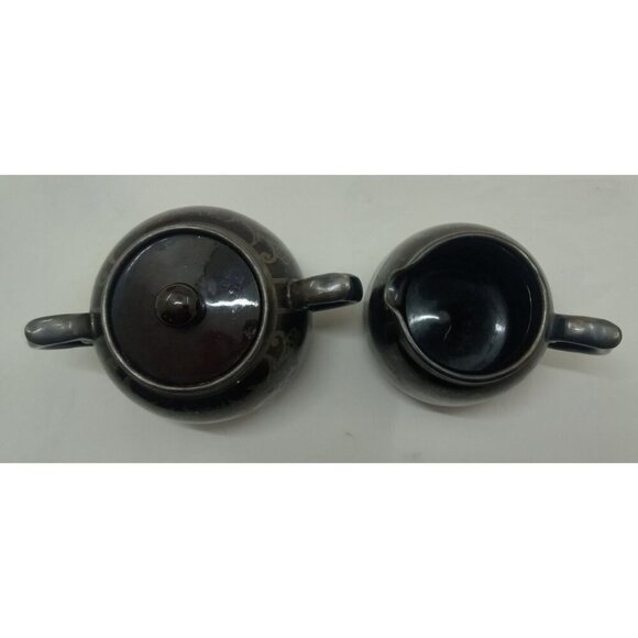 Gibson England Silver Overlay Redware Pottery Sugar Creamer Set Rustic Farm - Picture 2 of 9